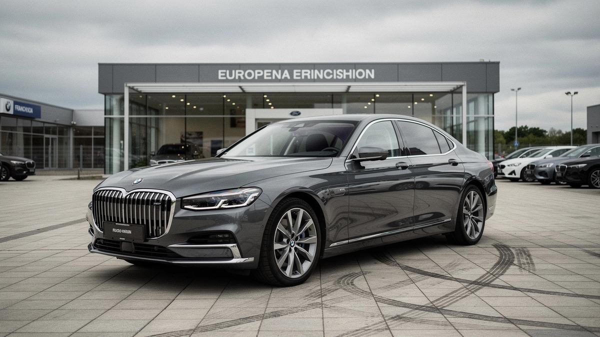 Verified pre-owned luxury sedan photographed on a franchised dealer forecourt in Europe