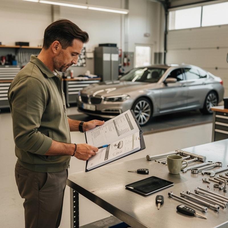Concierge reading a printed vehicle dossier next to a car undergoing inspection